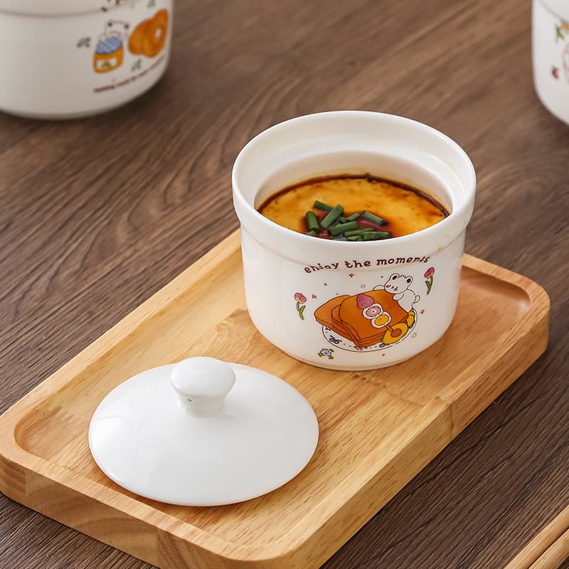Dedicated Steamed Egg Bowl with Lid, Food-Grade Ceramic Infant Complementary Feeding Dish for Home Use