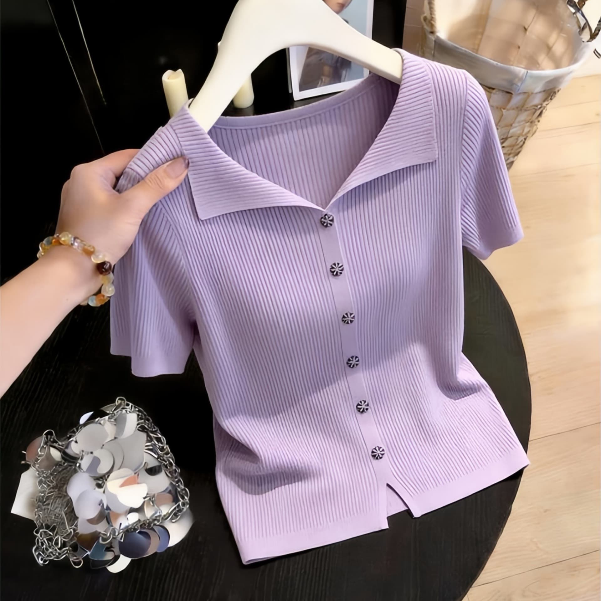 Gejia counter quality spring and summer new style light luxury lapel thin short-sleeved knitted niche non-colliding versatile top for women