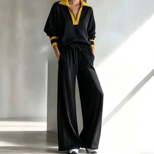 Casual Loose Two-Piece Set Women's Long Sleeve Wide Leg Pants Suit 2026 New Fashion Sporty Contrast Color Stitching Top