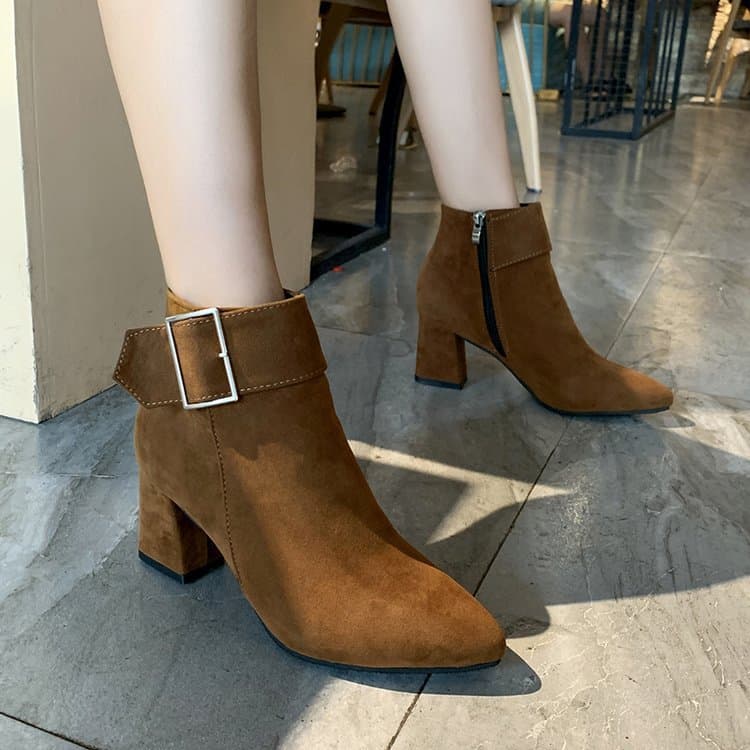 2024 Autumn Winter New High Heel Chunky Heel Buckle Pointed Toe Korean Style Ankle Boots Women Suede Martin Boots