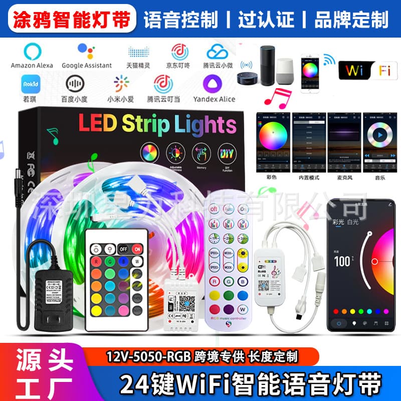 In Stock 24-Key RGB Tuya WiFi LED Strip 5050 Music App Colorful Atmosphere Alexa Voice Smart Light Strip
