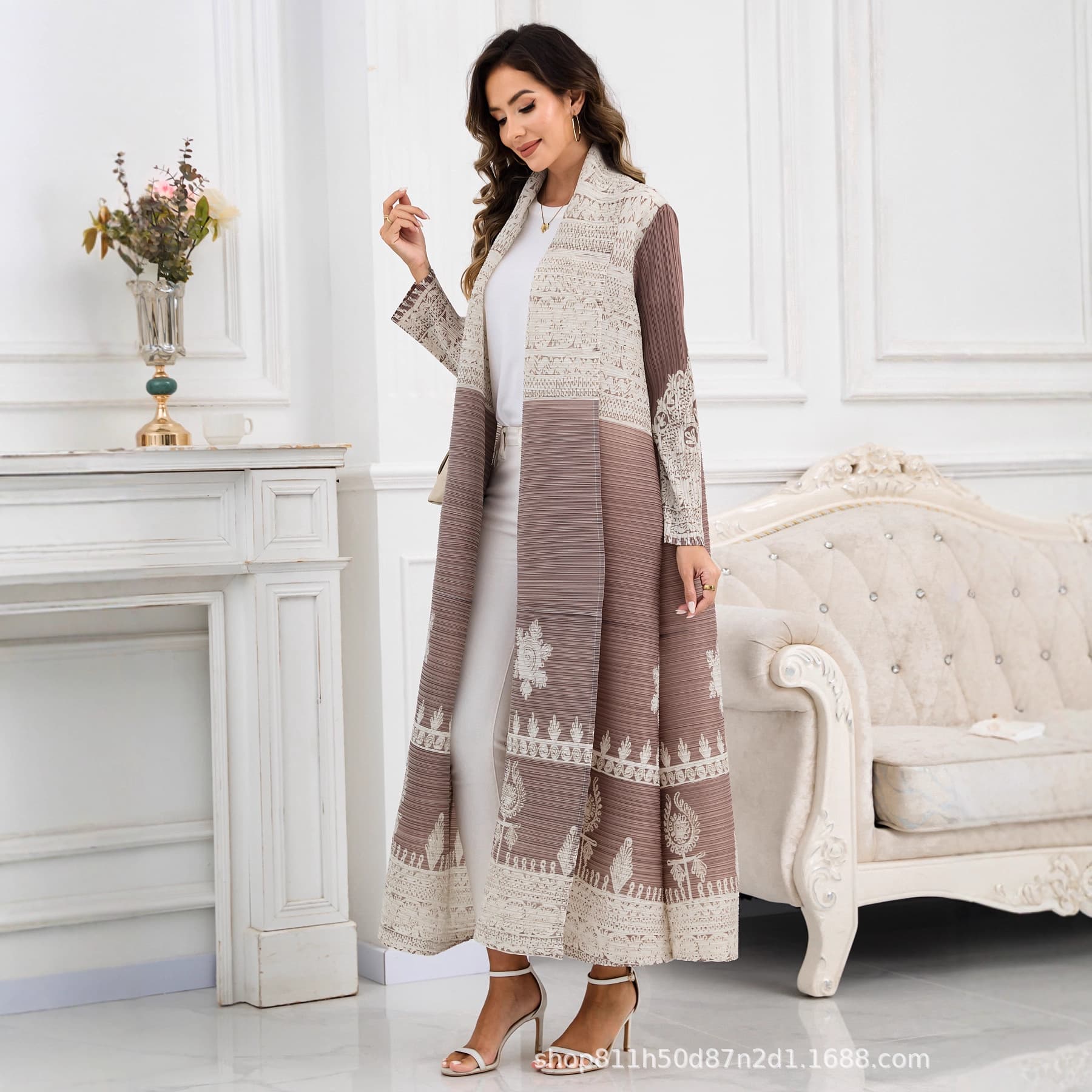 Miyake Pleated Long Robe Fashion Loose Plus Size Women's Printed Cardigan Long Coat