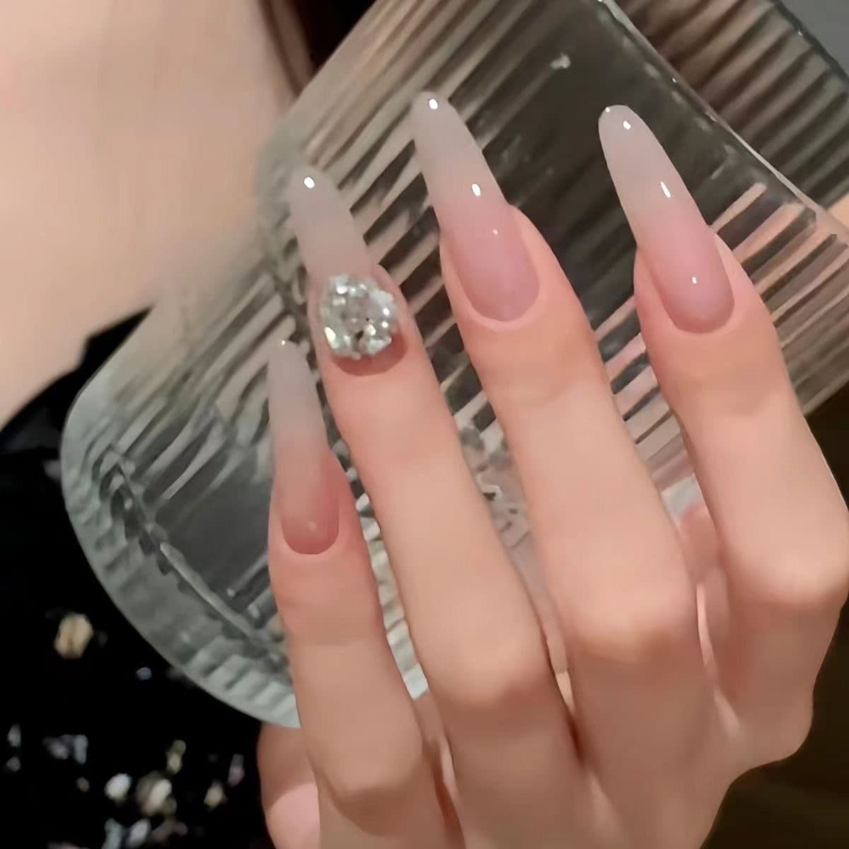 10 pieces of hand-worn armor ice transparent nude color flash diamond ball finished nail art patch natural white long prefabricated armor