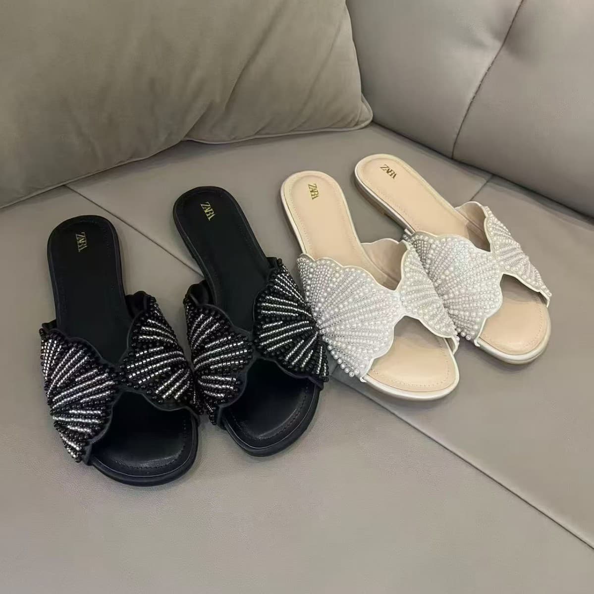 ZA cross-border 2026 new one-word flat women's shoes rhinestone bow embroidered beads fashion versatile European and American sandals