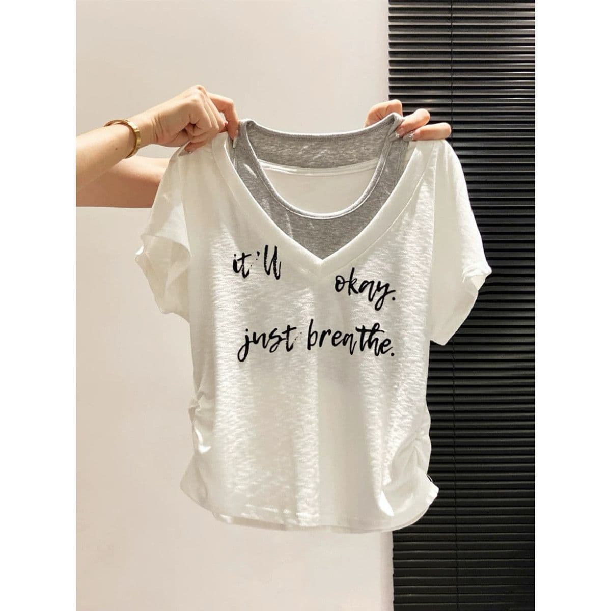 2026 Summer New Letter Pattern Design Sense Top Short Sleeve T-Shirt for Women, V-Neck Stitching Fake Two-Piece Versatile Top