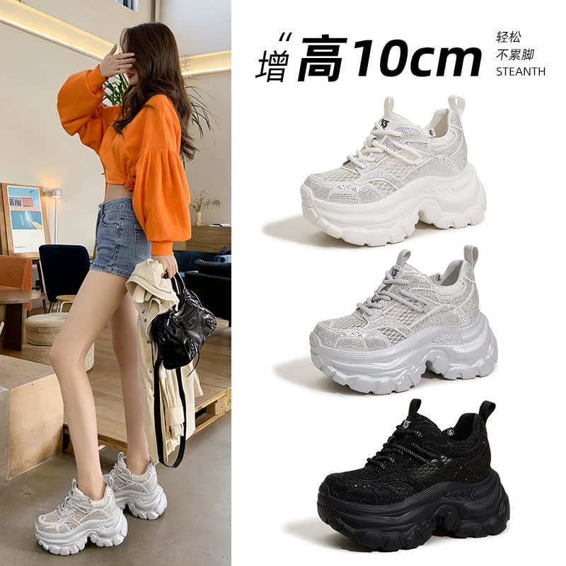 Small Size 10CM Platform Dad Sneakers for Women 2026 Summer Thin Style Hollow Mesh Fashion Rhinestone Casual Sports Shoes