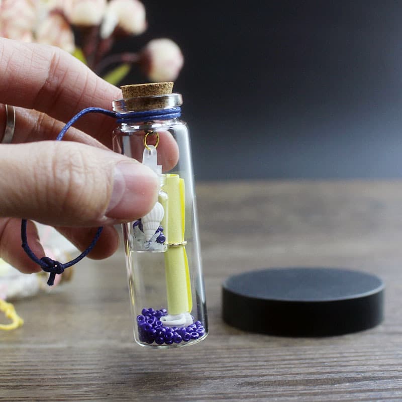 Beautiful glass bottle with small note, luminous gravel wishing bottle pendant, handmade miniature wooden stopper to hold sand vial