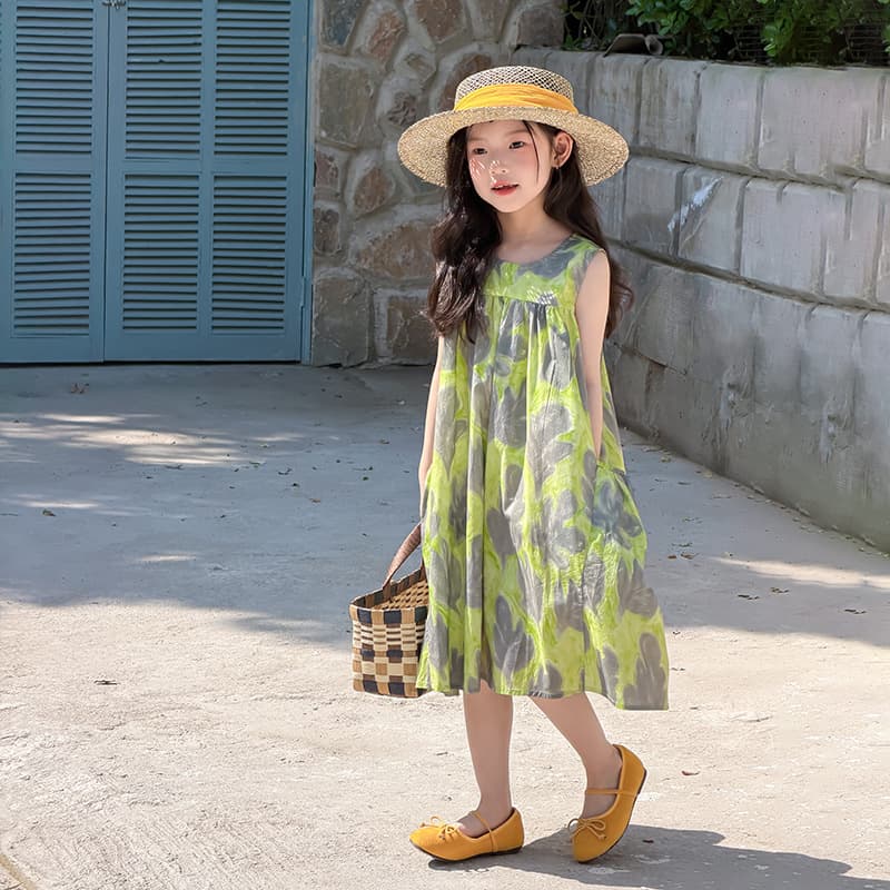 Elmo Beibei girls summer fresh forest print sleeveless dress cotton breathable holiday style vest dress