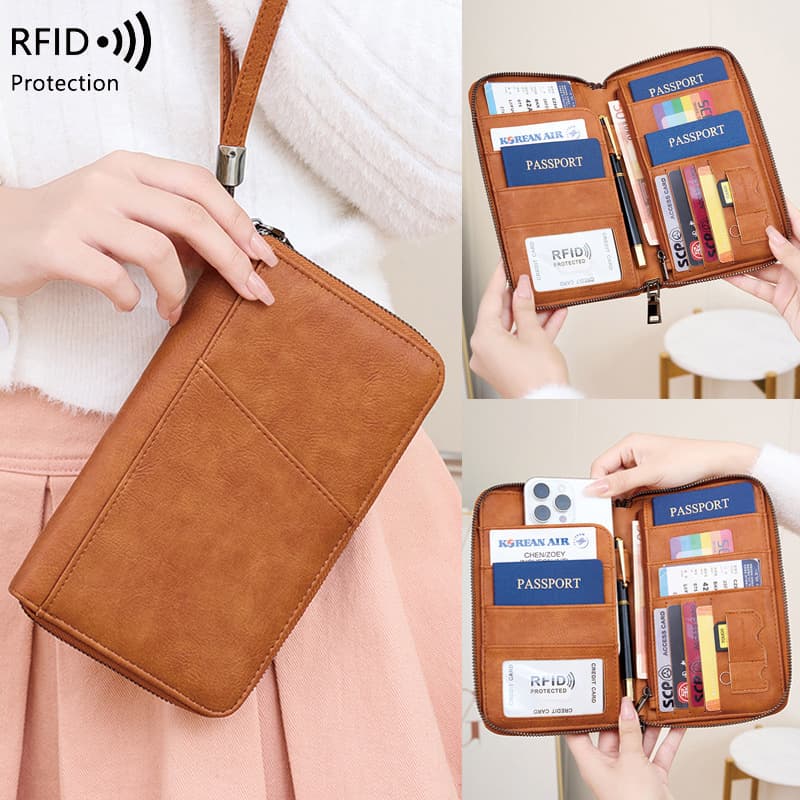 New Cross-border RFID Family Passport Organizer Anti-magnetic Money Clip Zipper Passport Holder Document Case Multifunctional Wallet