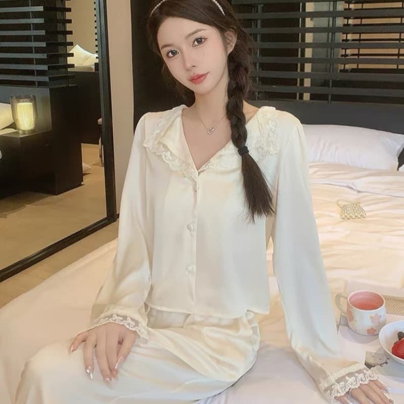 2026 Spring/Autumn New Long Sleeve Pajamas for Women, Ice Silk Lace, Premium Feel, Gentle Style Homewear