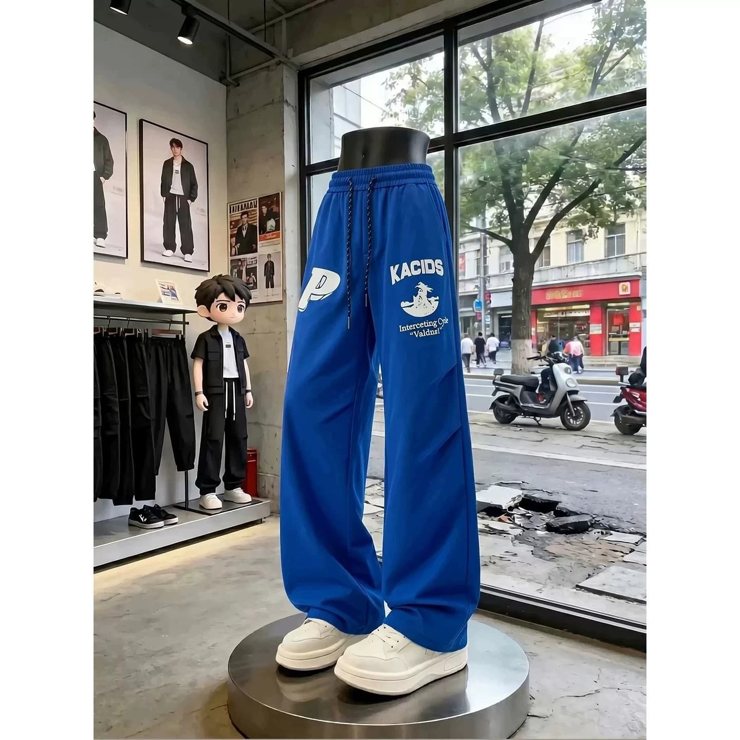 Sports thin pleated pants American letter high street blue pants summer scimitar quick-drying pants men's ice silk print