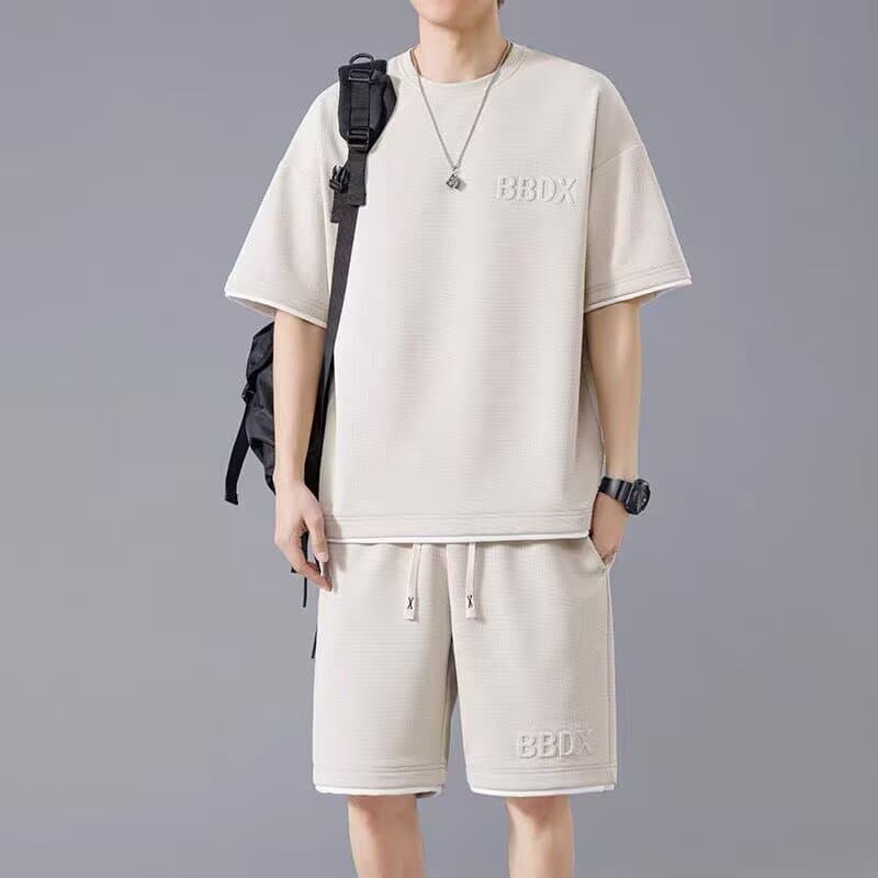Men's Casual Shorts and Short-Sleeve T-Shirt Set, Streetwear Style, Simple Ins Loose Hong Kong Style, Summer T-Shirt Undershirt Half-Sleeve Top with Five-Point Sleeves