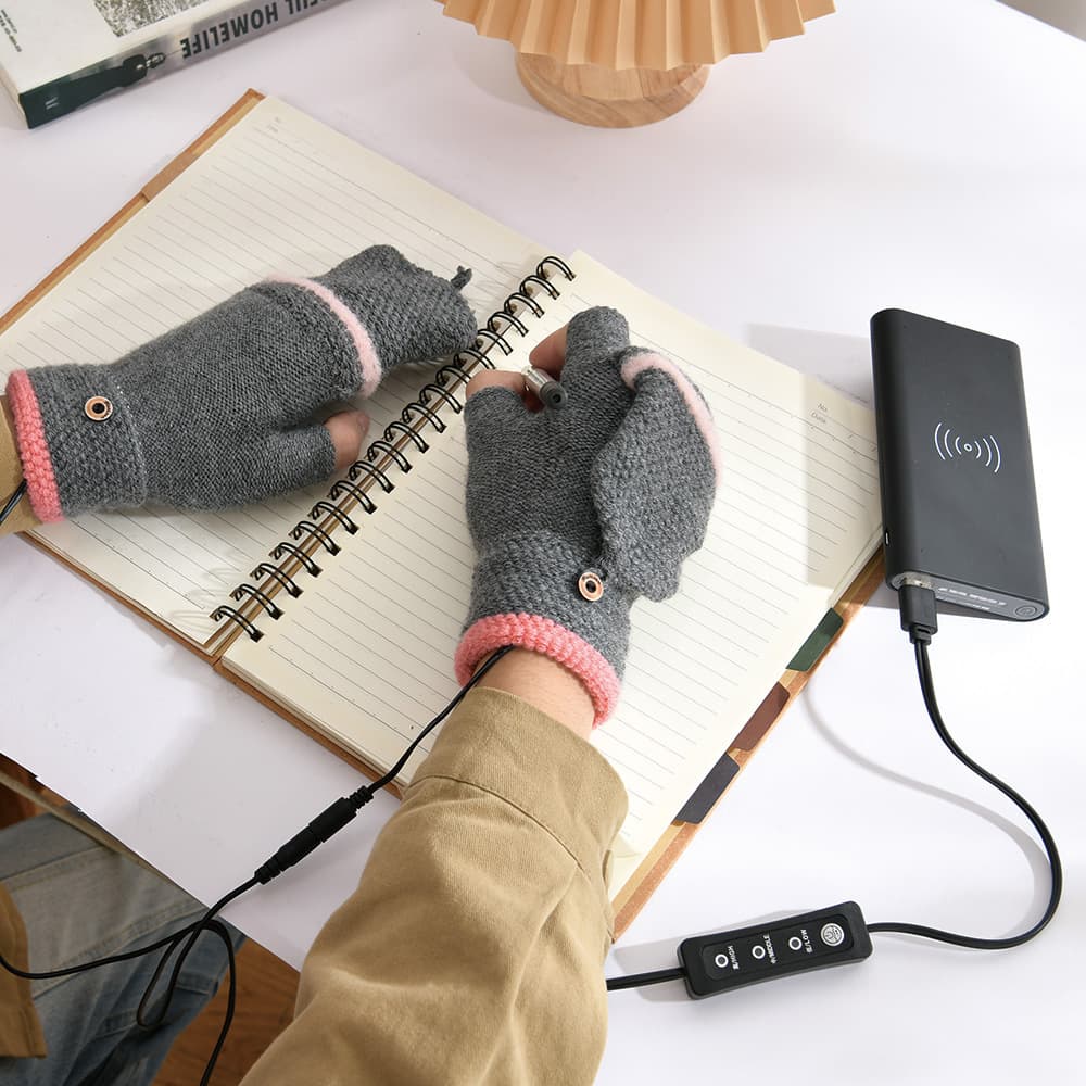 Warm Huhong Temperature-Adjustable USB Gloves, Double-Sided Electric Heating Gloves, Hand Warmer Power Bank, Plush Flip Cover, Detachable and Washable for Men and Women