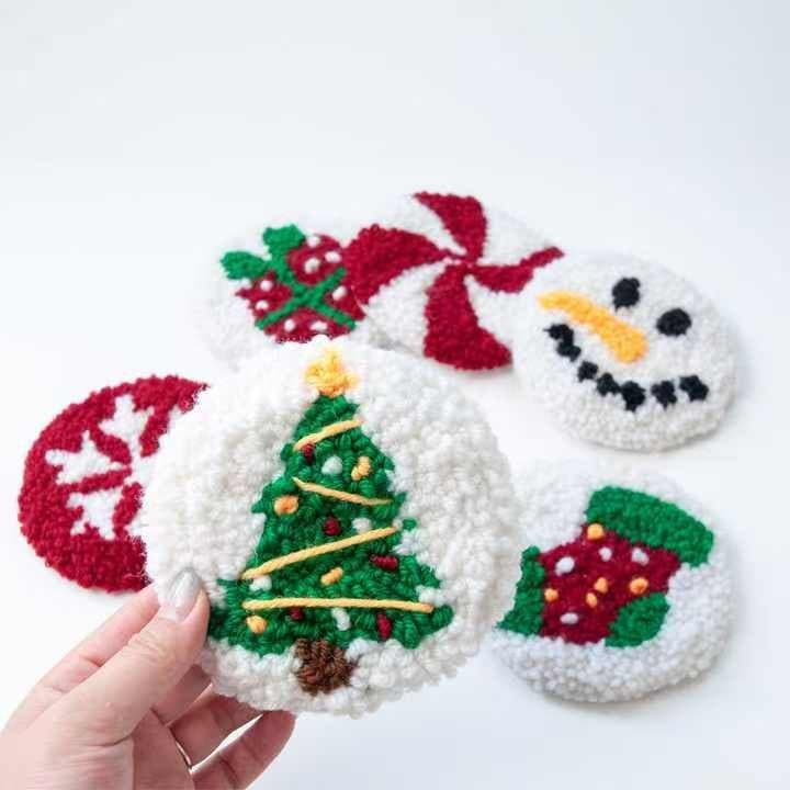 Cross-border Hot Selling Punch Needle DIY Christmas 6-Piece Coaster Kit with English Video Tutorial