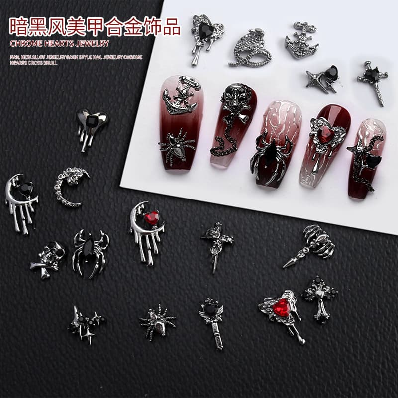 Punk style hot-selling Halloween nail art accessories, retro alloy cross embellished with black diamonds, dark style nail art accessories
