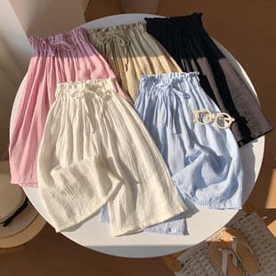 2026 New Korean Style Girls Loose Wide-Leg Shorts Summer Cotton Linen Breathable Children's Casual Pants Candy Color Versatile