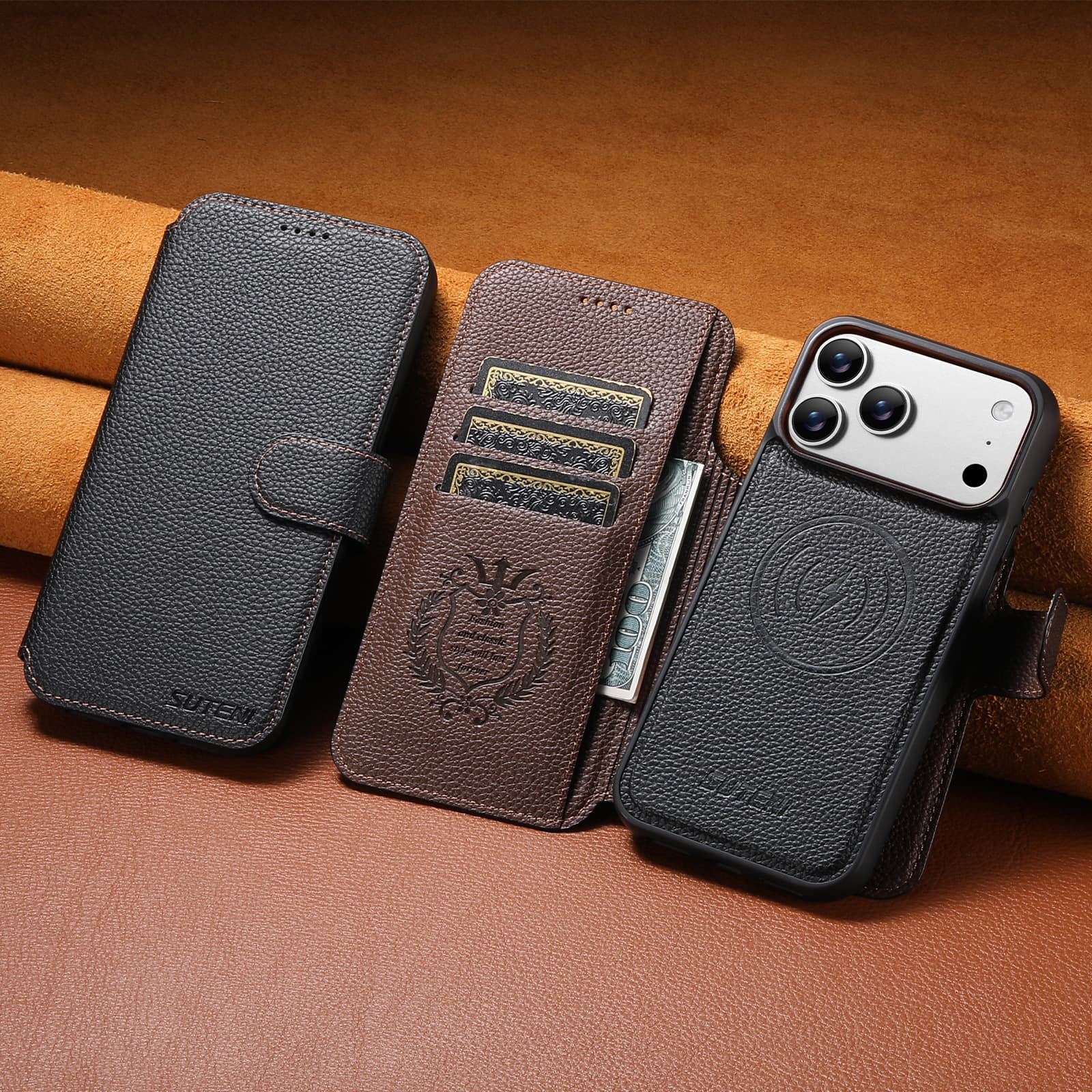 Suitable for iPhone 17 Pro Flip Card Phone Case with Magnetic Two-in-One Wireless Charging Stand, Color-Matched Leather Case