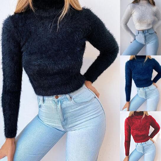 Autumn Winter Long Sleeve High Collar Sweater Women's Candy Color Wishebay Hot Sale Polyester Fiber Slim Fit Comfortable Length