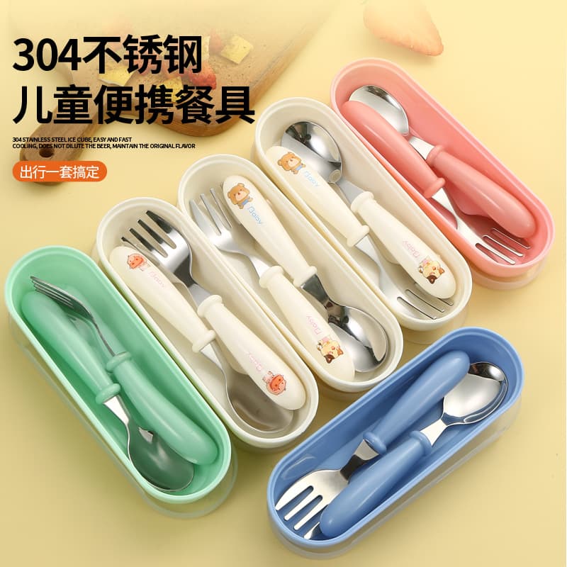 Nordic Cartoon 304 Stainless Steel Children Spoon Fork Box Three-piece Set Baby Tableware Mother-infant Gift Round Handle Spoon Fork