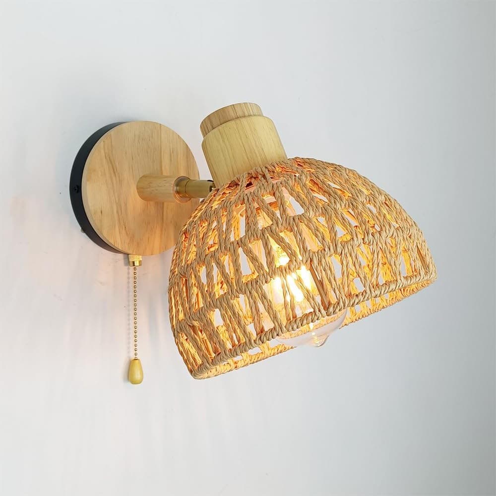 Cross-border Rattan Wall Lamp Bedside Bedroom Mirror Front Wall Light Homestay Woven Wall Lamp Farmhouse Country Solid Wood Wall Lighting