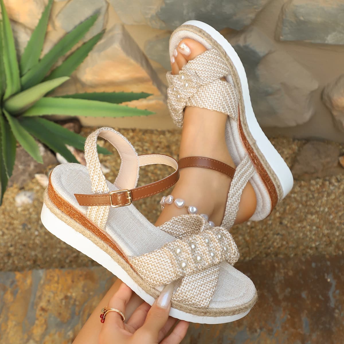 Cross-border Plus Size Women's Sandals 2026 Summer New Style Wedge Casual Knitted Sandals Women's One-Buckle Roman Sandals