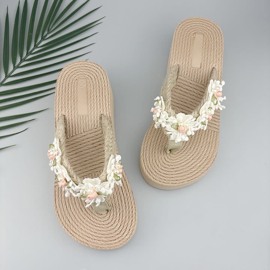 Forest style flower hemp rope thick-soled flip-flops for women's summer outer wear versatile platform sandals seaside vacation beach slippers