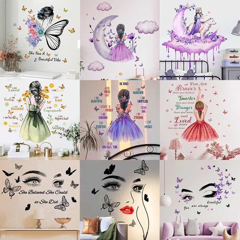 1.0m Wall Sticker Girl Butterfly English Wall Sticker Background Wall Room Decoration Wall Sticker Self-Adhesive Wall Sticker