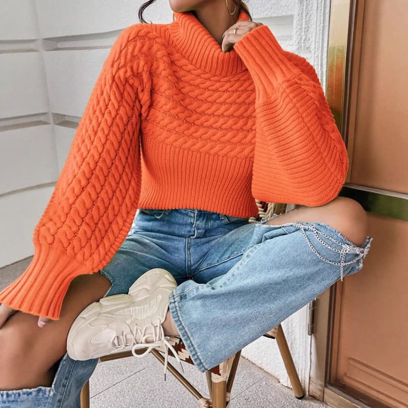 European and American cross-border foreign trade women's twist thread solid color sweater autumn and winter turtleneck pullover long-sleeved sweater top for women