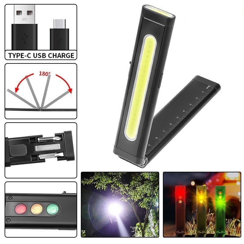 Cross-border new ultra-thin COB+RGB portable flashlight multi-function USB charging tool EDC work light