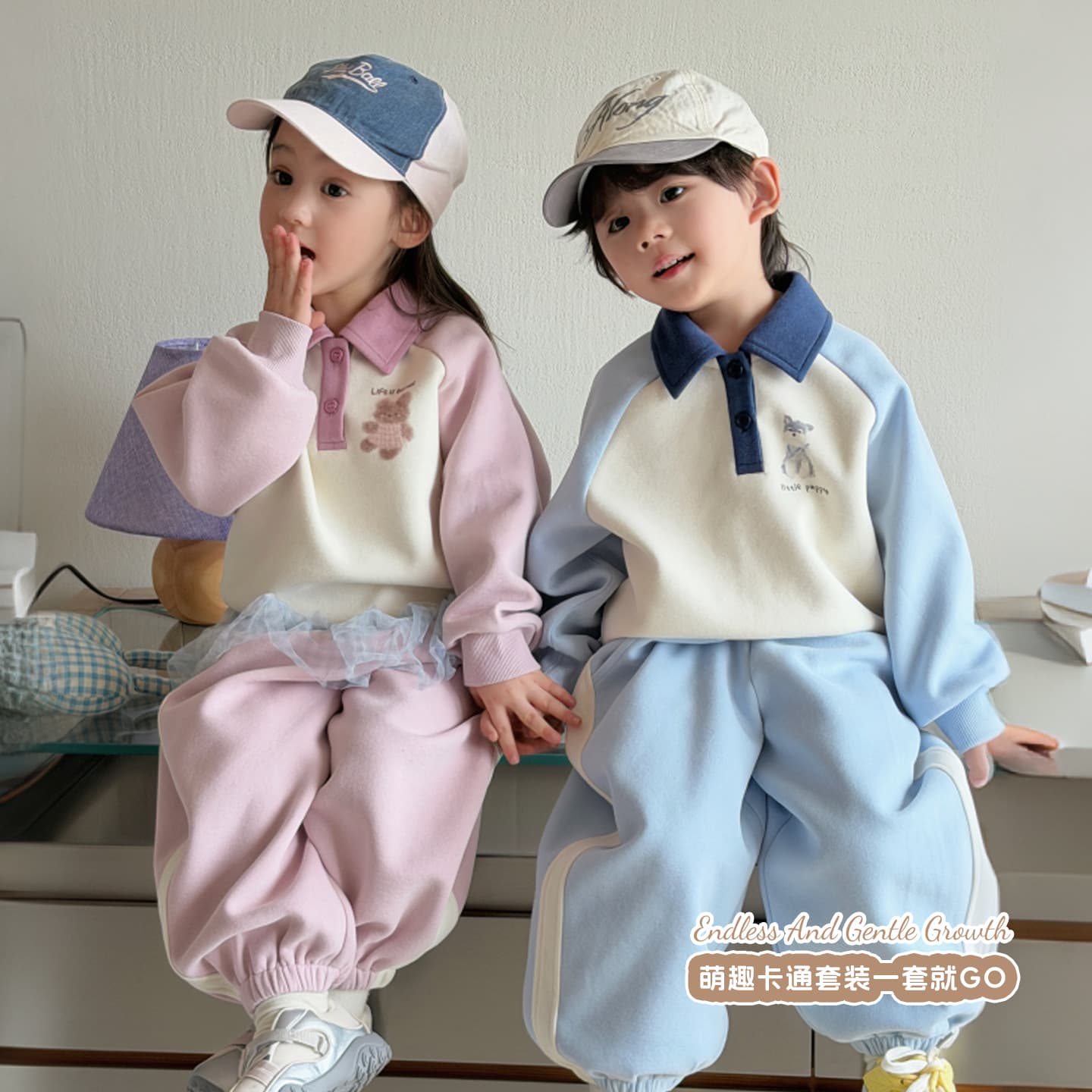 [Size and roll] Sweatshirt autumn children's polo shirt cartoon casual sports two-piece set Korean version kindergarten set