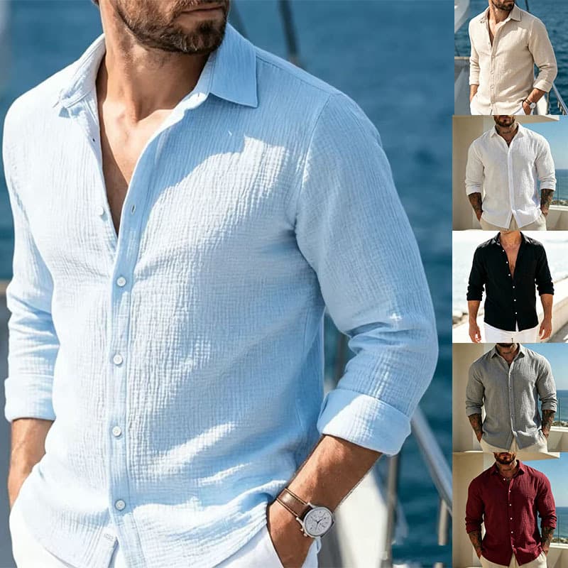 2026 spring and summer new cross-border Amazon AliExpress men's solid color Zou cloth lapel long-sleeved breathable casual shirt