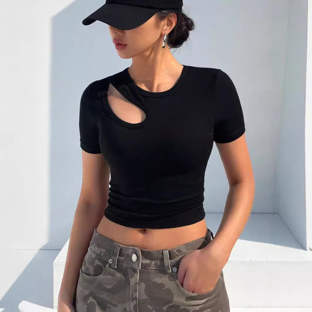2026 Summer New Round Neck Short-Sleeved T-Shirt for Women, Slim Fit, Hollow Design, Sexy Style, Short Top