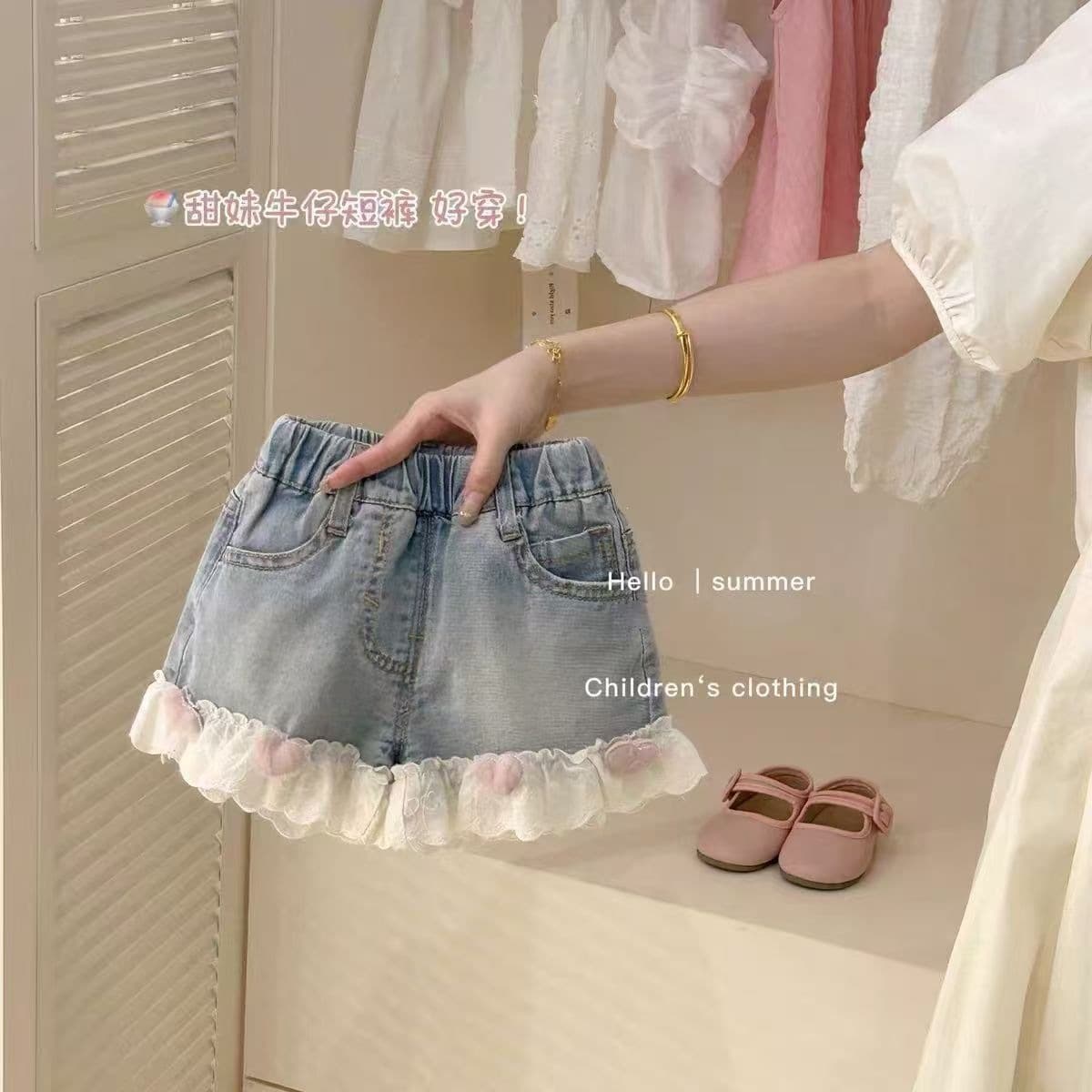 Girls denim shorts 2026 new style baby girl lace princess style loose denim shorts