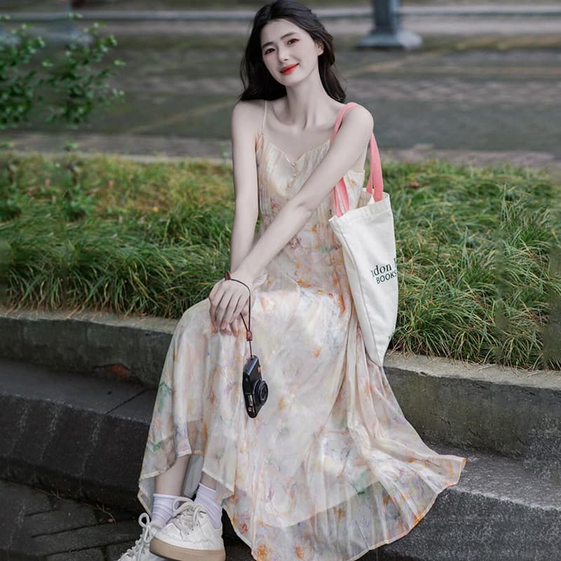 Tea Break French Floral Print Camisole Dress for Women 2025 Summer New Arrival Beach Vacation Gentle Style Sleeveless Maxi Dress