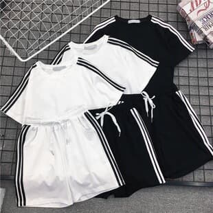 Three-Stripe Casual Sportswear Set for Women Summer 2025 Trendy New College Style Loose Short Sleeve and Long Pants Two-Piece Set