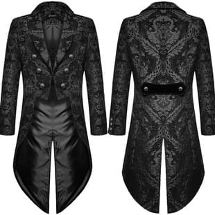Fashion Men's Gothic Steampunk Tailcoat Jacket Black Brocade Damask Wedding Coat Gothic Halloween