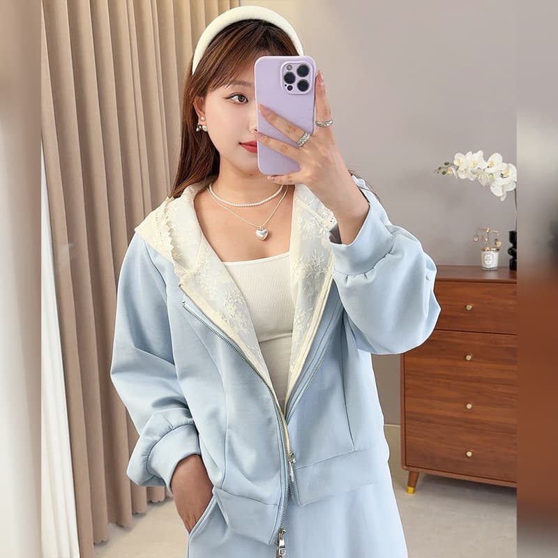 Ziyuan 2025 Autumn New Arrival Plus Size Women's Wear for Curvy MMs: Lace Hooded Jacket + Lace Trim Patchwork Skirt 9055AB