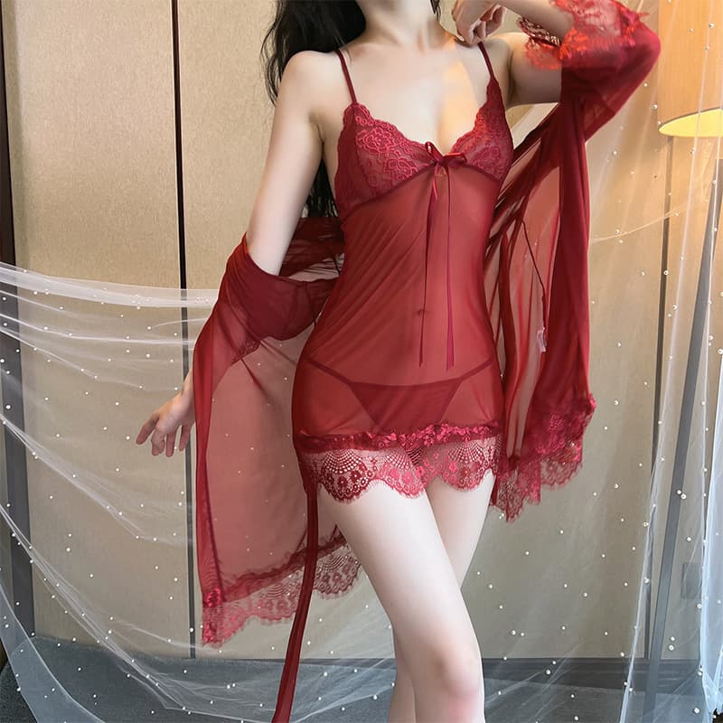 European and American Style Lingerie Plus Size 3-Piece Set Sexy Lace Sheer Slip Dress Set Chemise Nightgown