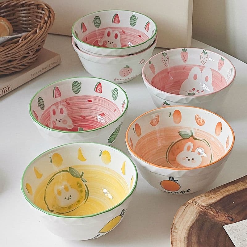 Cute Cartoon High-Gloss Under-glaze Ceramic Dinnerware Set, Household Rice Bowl, Soup Bowl, Yogurt Bowl, Bowl and Plate Set