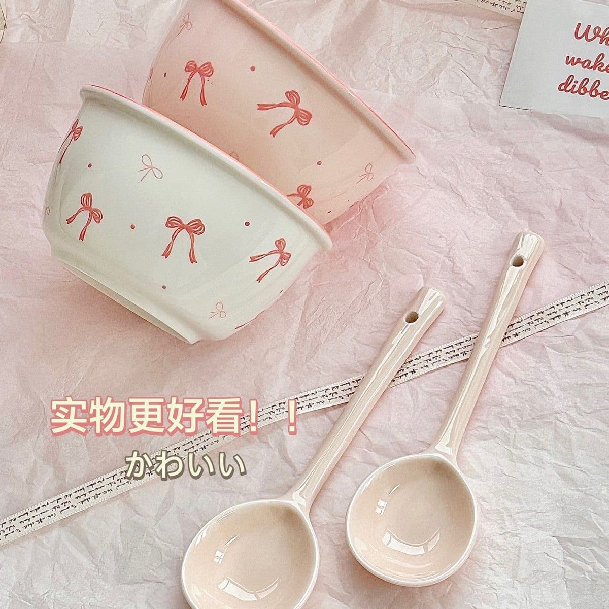 Bow Rice Bowl Girl Heart Ceramic Bowl Spoon Underglaze Color High Appearance Tableware Rice Bowl Dessert Bowl