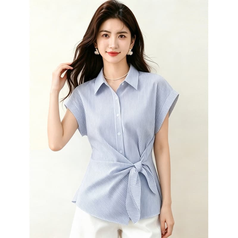 Light wear design sense waist slimming chic shirt women summer French irregular striped strappy shirt trendy