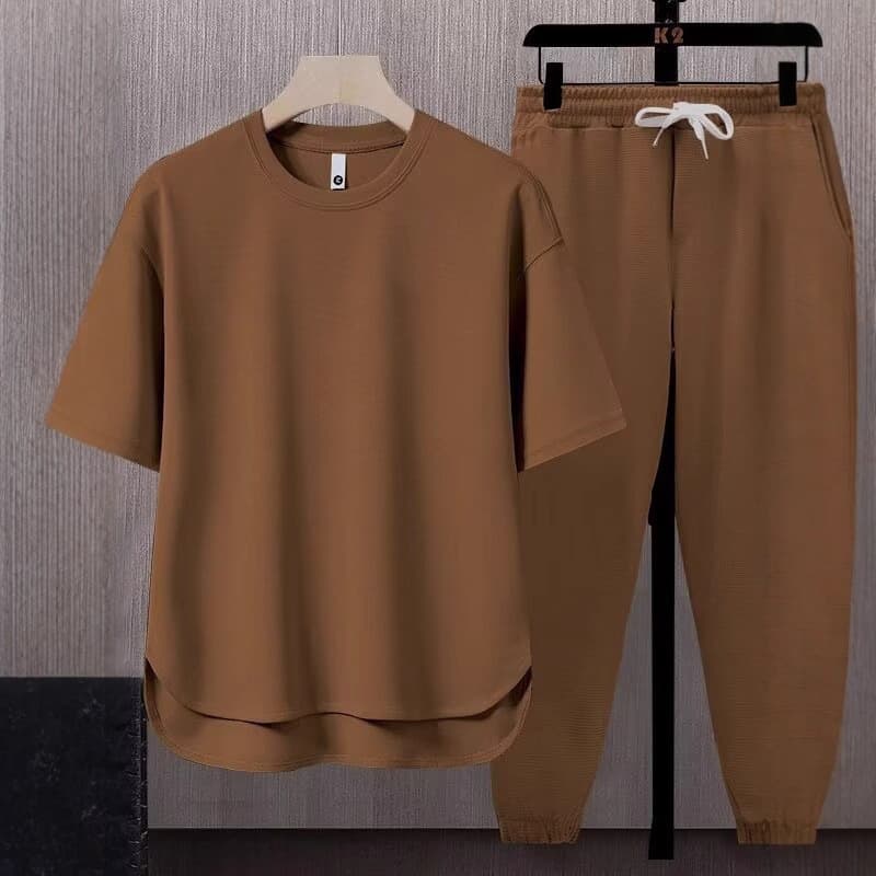 Men's Solid Color T-Shirt and Long Pants Two-Piece Set 2025 Summer Japanese Trendy Ins Style