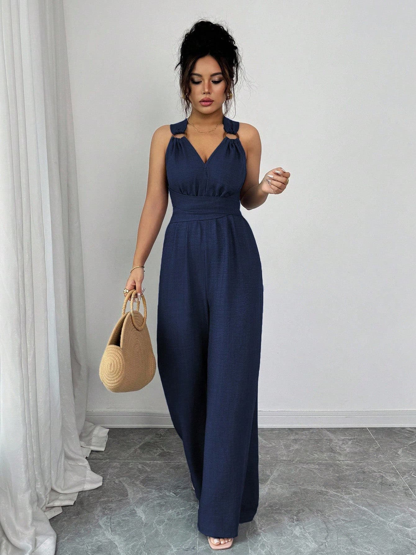 Cross-border Women's Halter V-Neck Backless Jumpsuit with Waist Tie, Wide-Leg Long Pants, Office & Casual Slimming One-Piece