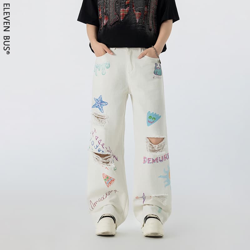 American high street digital printed ripped men's straight jeans trendy and versatile casual white denim trousers for men
