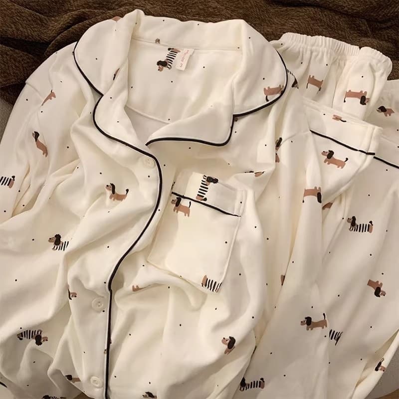 Japanese Ins-Style Dog Print Velour Pajama Set for Women, Autumn and Winter Warm Cartoon Cute Internet-Famous Loose Homewear Set