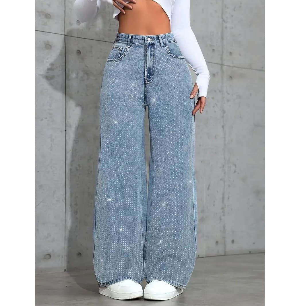 2W Rhinestone Beaded Women's Plus Size Relaxed Straight Leg Jeans, Washed Denim, Stretch Denim with Rhinestone Decoration