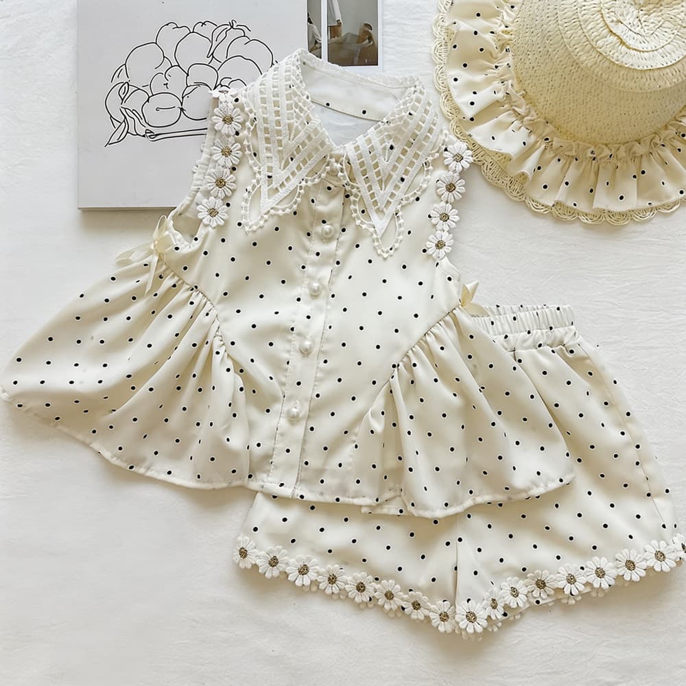 Girls' polka dot three-dimensional daisy ruffle sleeveless top suit summer 2026 new polka dot shorts two-piece set