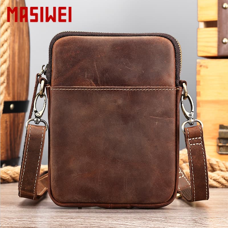 MASIWEI Crazy Horse Leather Men's Single Shoulder Crossbody Bag Handbag Genuine Leather Large Capacity Handheld Bag Shoulder Bag
