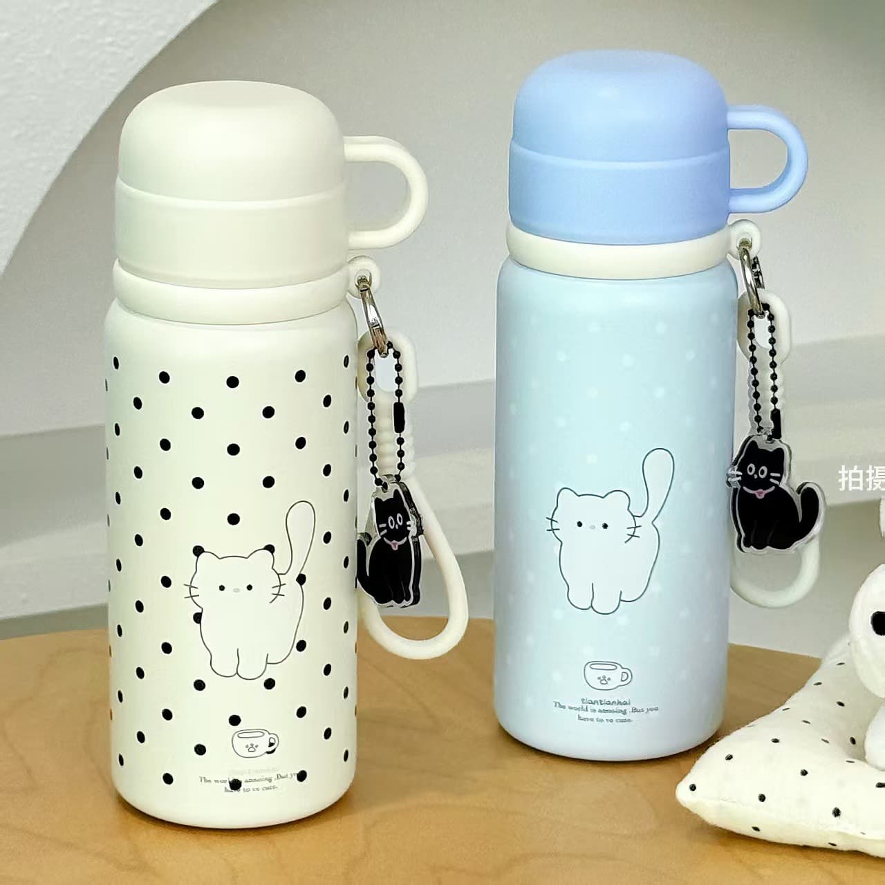 Milk white polka dot cat three-drink thermos cup stainless steel large-capacity student travel three-drink portable thermos water cup