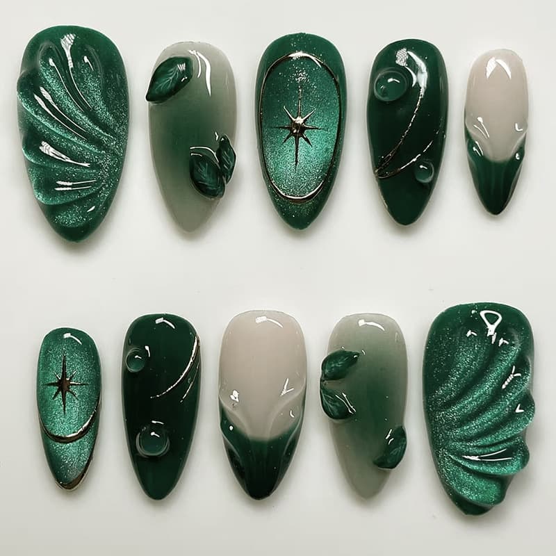 Foreign Trade 3D Green Wavy French Cat Eye Cool Detachable Press-On Nails 24 Pcs press on nails
